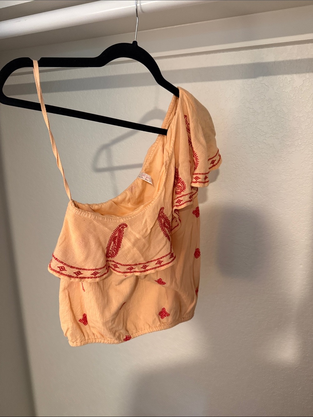 Free People Peach One-Shoulder Crop Top with Red Embroidery